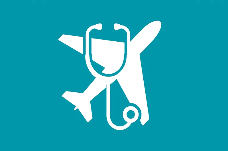 飛行機のシルエットと、医師を象徴する聴診器アイコンが重なるイメージ。高確率を感じる明快な構図。