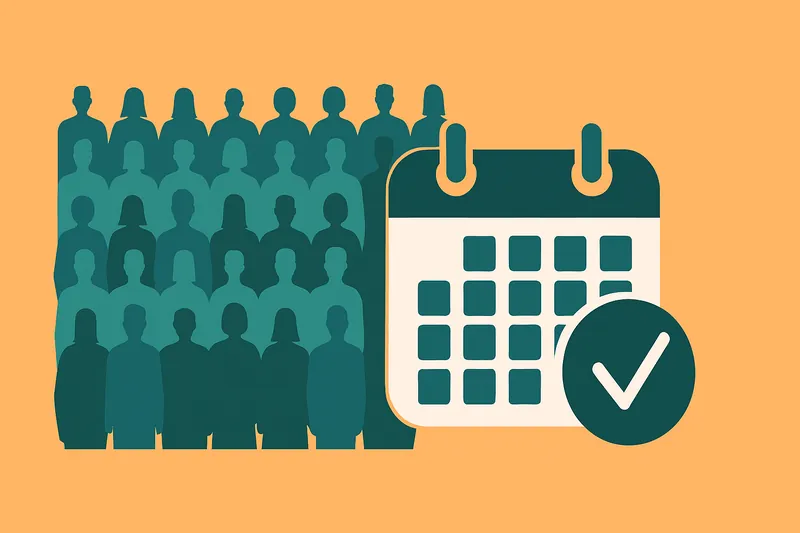 40人のクラスを象徴する複数の人物シルエットと、重なり合うカレンダーアイコン。