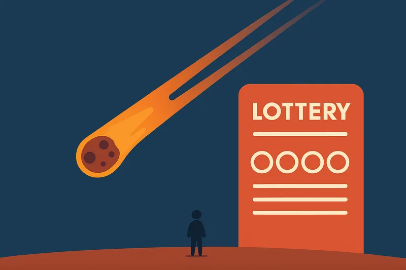 小さな人物シルエットの上空に流れる隕石と、背景に宝くじ券のシンボル。