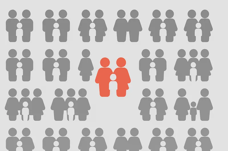 家族シルエットの群れの中で、4%だけが別色で示された抽象的な家族アイコン。