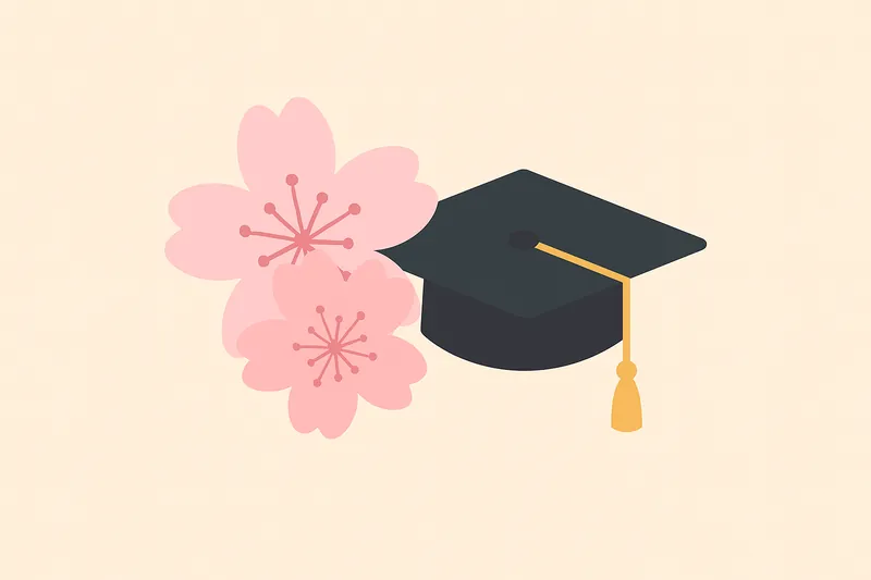 桜（4月の象徴）と学帽または卒業・合格を象徴するモチーフを組み合わせた図。
