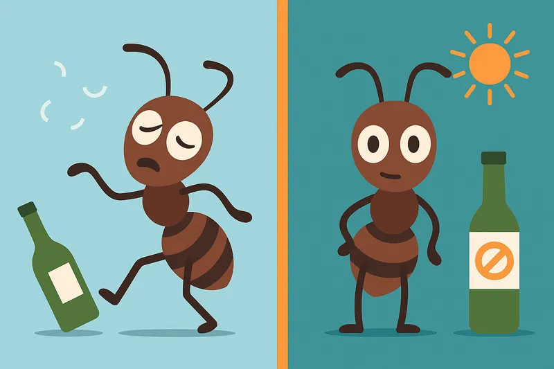 ふらふら歩くアリと、翌日にアルコールを避けるアリを対比したユーモラスな構図。