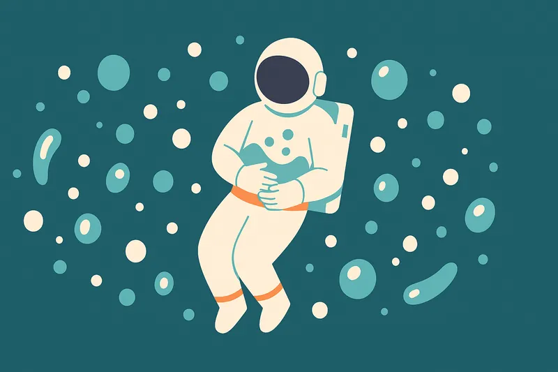 宇宙飛行士が無重力空間でお腹を押さえ、液体と気泡が混ざった状態を象徴する浮遊パーティクルを配置。