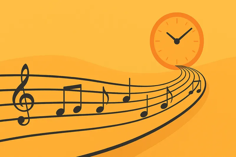 639年続く曲を象徴する果てしない五線譜と時間の抽象表現。