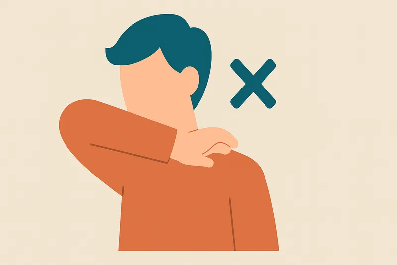 肘があごに届かないことを示す人物の動作を抽象化したイラスト。