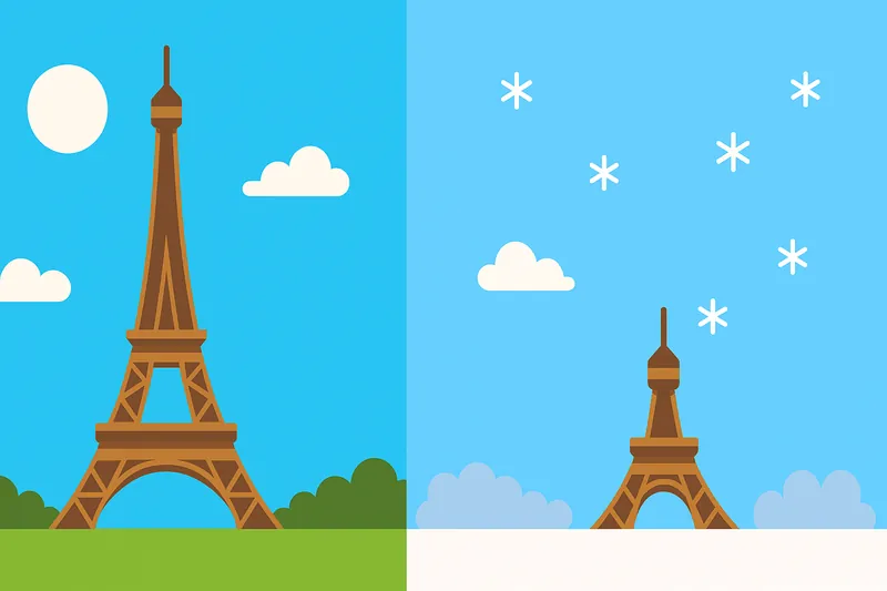 季節の違うエッフェル塔を並べ、夏に背が伸び冬に縮む様子を対比的に表現