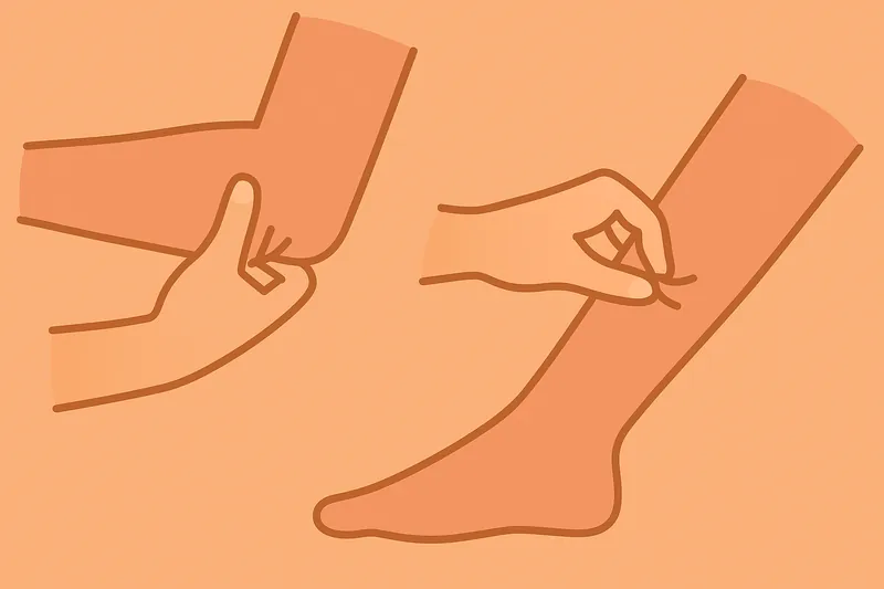 肘やくるぶしをつねる動作を抽象化したイラスト。