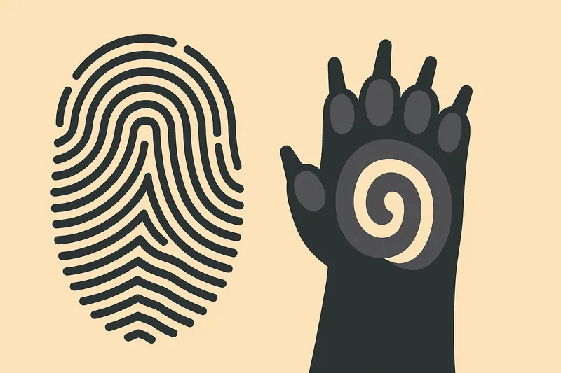 「人間の指紋とほぼ同じ形状のコアラの指先を並べて見せる構図。酷似した模様を強調。横長、フラットデザイン、文字なし。」 