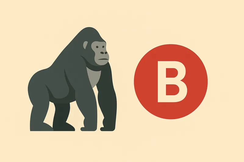 ニシローランドゴリラを中心に、血液型Bを象徴するシンプルなモチーフを組み合わせた構図。