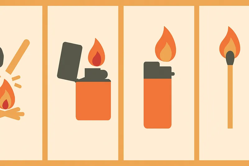 ライターがマッチより先に発明されたことを示す火の道具の時系列アイコン。