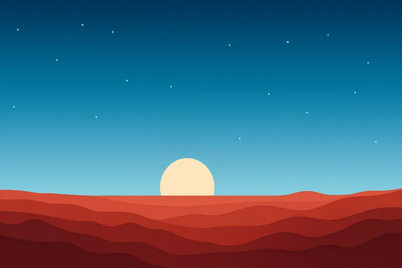 火星の地平線に沈む太陽と、青く染まる夕焼けの空。火星らしい赤い地表との対比が美しい構図。