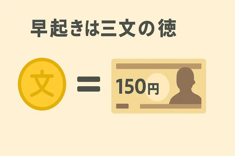 「早起きは三文の徳」の三文が約150円であることを示す構図