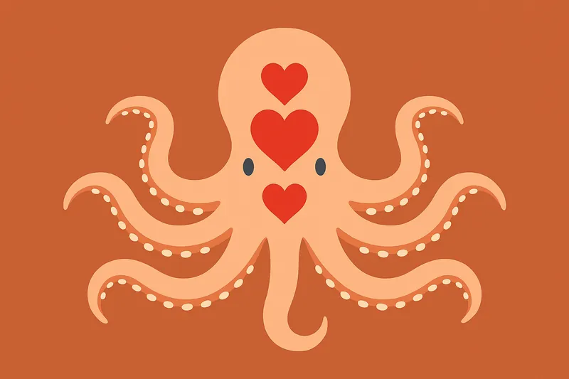 タコの体の中に3つの心臓を抽象的に配置したイメージ。