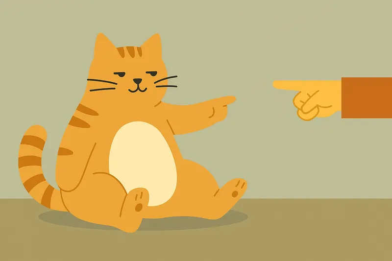 猫がリラックスして座り、飼い主を指示するようなポーズを取るユーモラスなシーン。