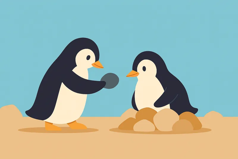 「オスのペンギンがメスに小石を渡す可愛らしいシーン。巣づくりの石を象徴的に表現。横長、フラットデザイン、文字なし。」 