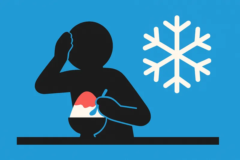 かき氷を食べて頭を押さえる人物シルエットと、冷たさを象徴する雪の結晶のアイコン。