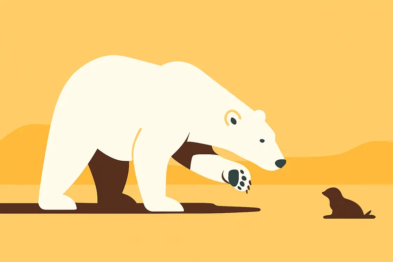 左前足を強調したホッキョクグマが獲物を狙う姿。左利きであることを象徴する構図。