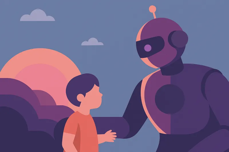 子どもを見守る未来的ロボットを抽象化したイメージ。