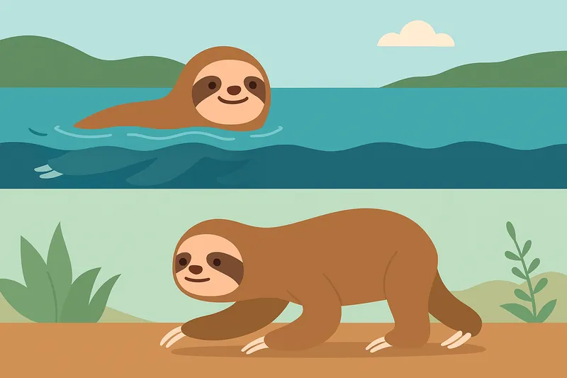 水中をスイスイ泳ぐナマケモノと、陸上でゆっくり動く姿を対比して配置