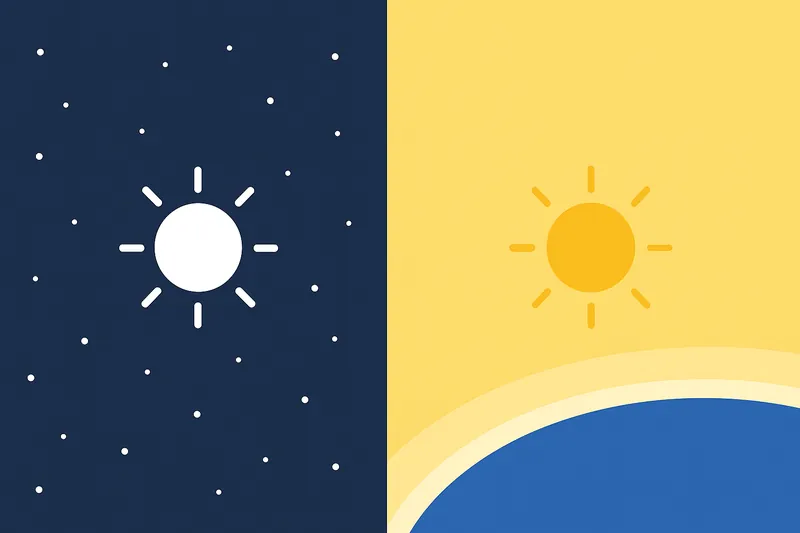 宇宙空間に白く輝く太陽と、地球大気を通して黄色っぽく見える構図を左右で対比。