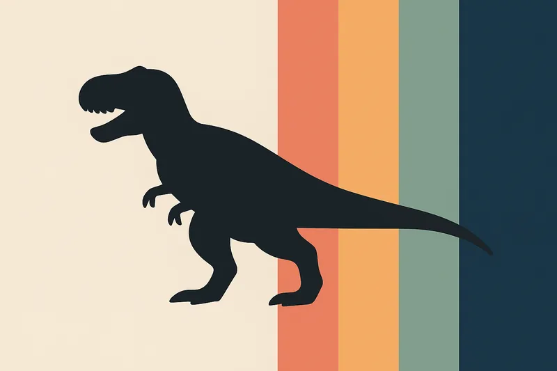 恐竜の色が想像で決められてきた歴史を象徴するシルエット恐竜とカラーパレットの抽象イラスト。