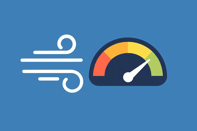 おならの速度を象徴する風とメーターの抽象アイコン。