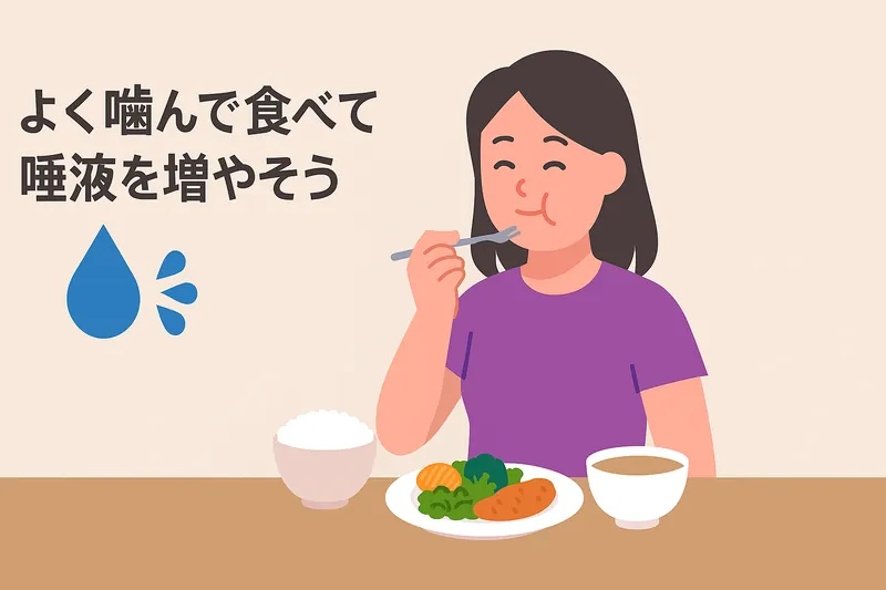 よく噛んで食べて唾液を増やしている人物。