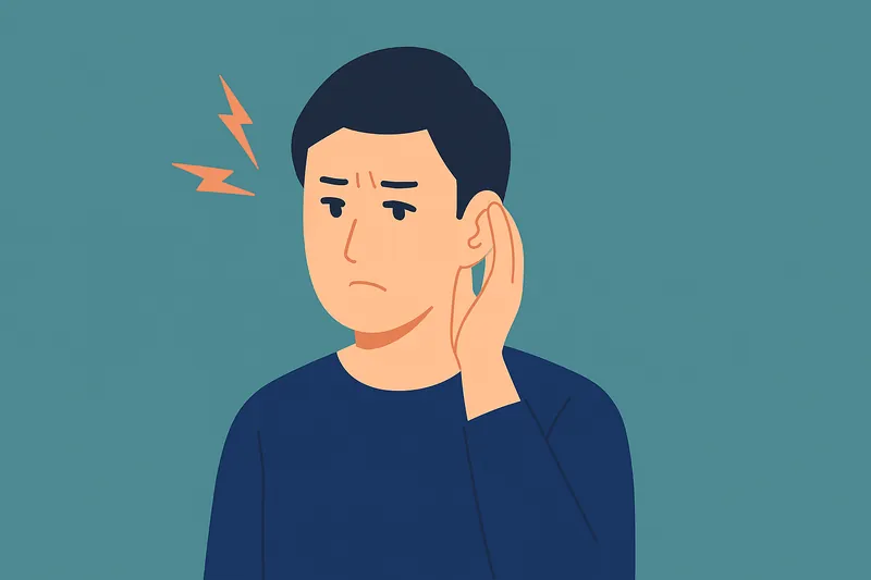 耳鳴りの違和感を気にして耳を触る人物。