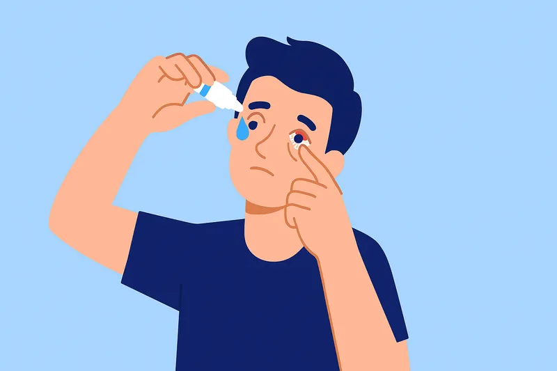 充血した目をケアする人物。