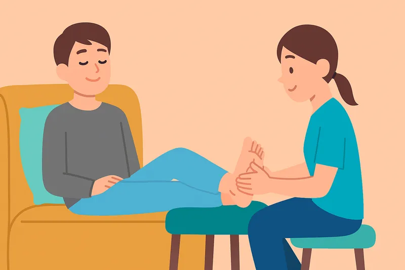 足裏マッサージで疲労回復する人物。