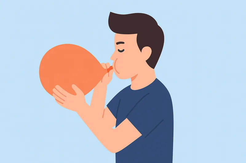 呼吸筋を鍛えるため風船を膨らませる人物。