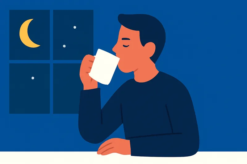 夜にカフェインレスの飲み物を飲む人物。