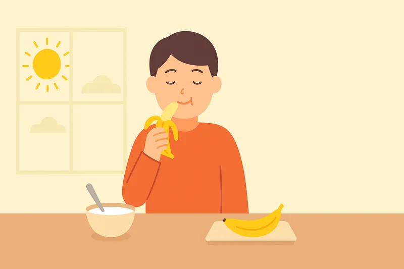 朝にバナナやヨーグルトなど軽食を食べる人物。