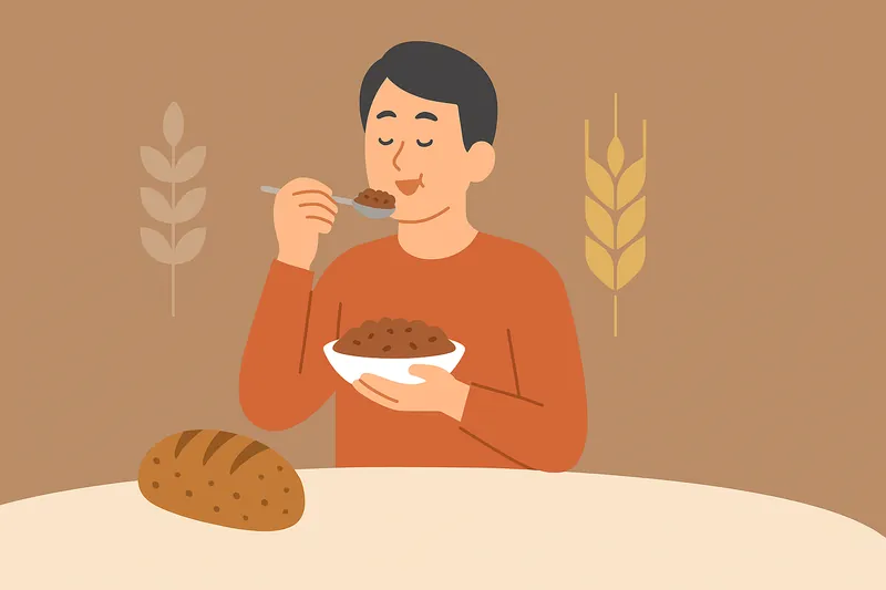 全粒粉や玄米など良質な炭水化物を食べる人物。