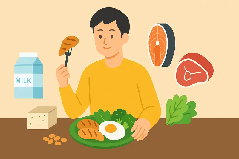 タンパク質の多い食事をバランスよく食べる人物。