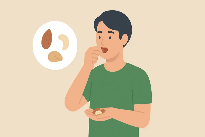 ナッツを一握りだけ食べる健康的な人物。