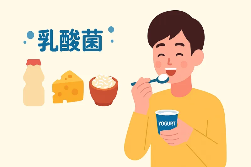 乳酸菌を含む食品を食べる人物。