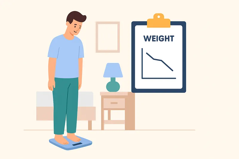 朝に体重を測定し記録する人物。