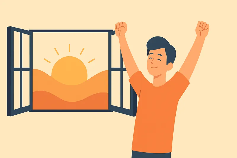 朝日を浴びて伸びをする人物の爽やかなシーン。