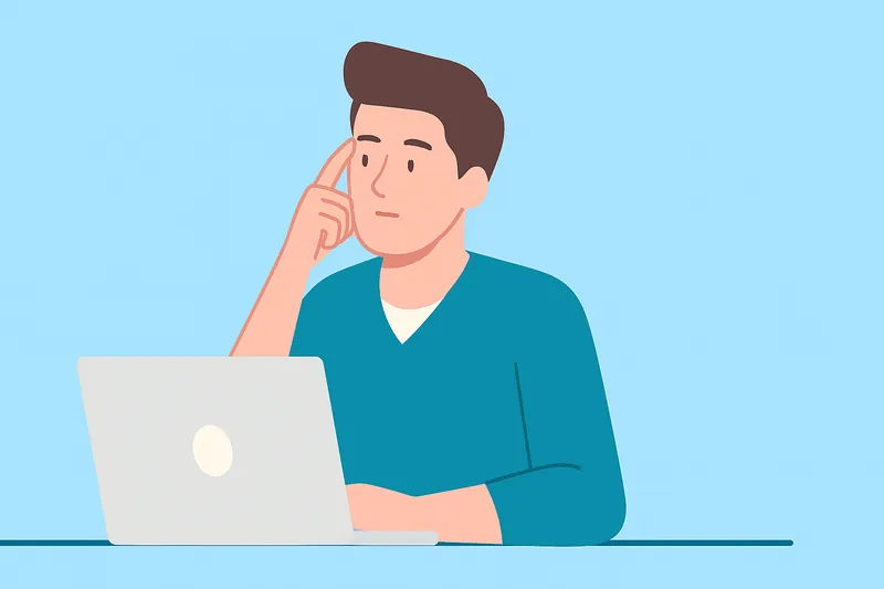 パソコン作業中に遠くを見て目を休める人物。