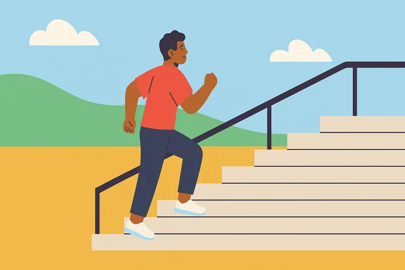 階段を健康的に上る人物のシーン。