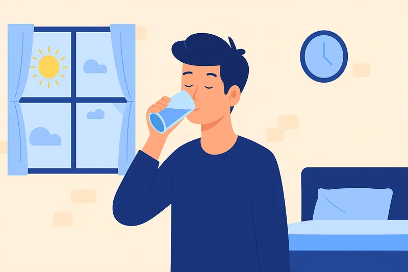 朝、常温水を飲んで体を目覚めさせる人物の様子を描いたシーン。