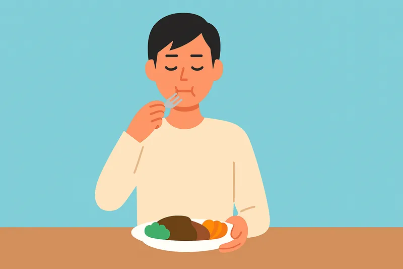 しっかり噛んでゆっくり食べる人物。