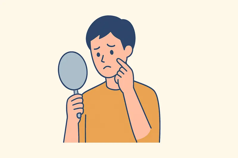 鏡で顔色をチェックする人物。