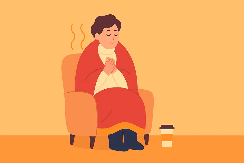 体を温めることで冷え性対策する人物。