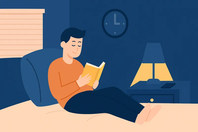 寝る前にスマホを遠ざけ、読書やリラックスをする人物。