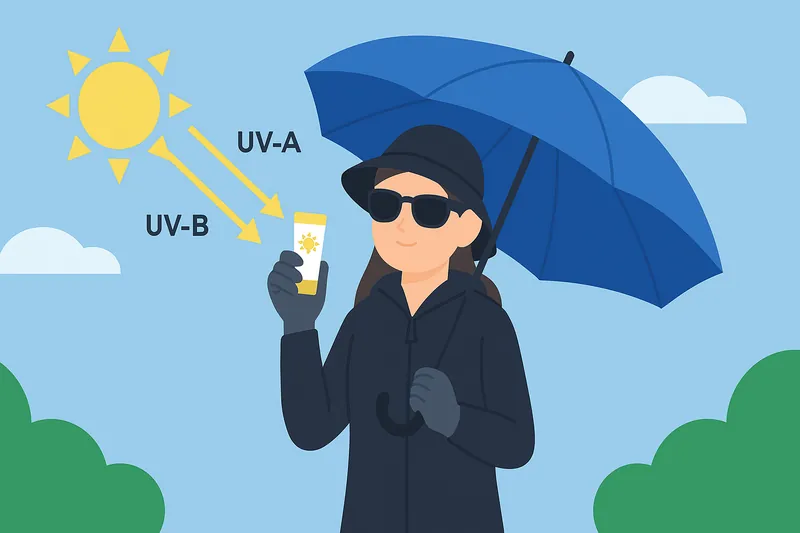 UVA・UVB対策をして外出する人物。