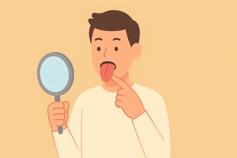 鏡で舌の色を見て体調チェックをする人物。