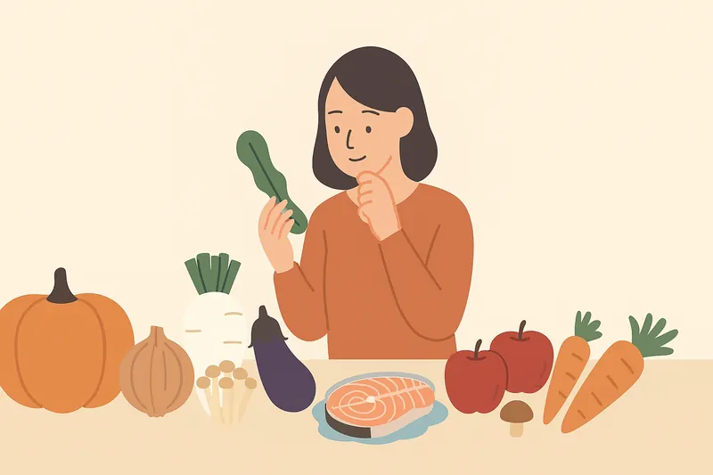 旬の食材が並ぶ食卓と選んでいる人物。