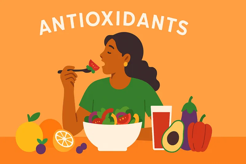 色鮮やかな抗酸化食材を食べる人物。